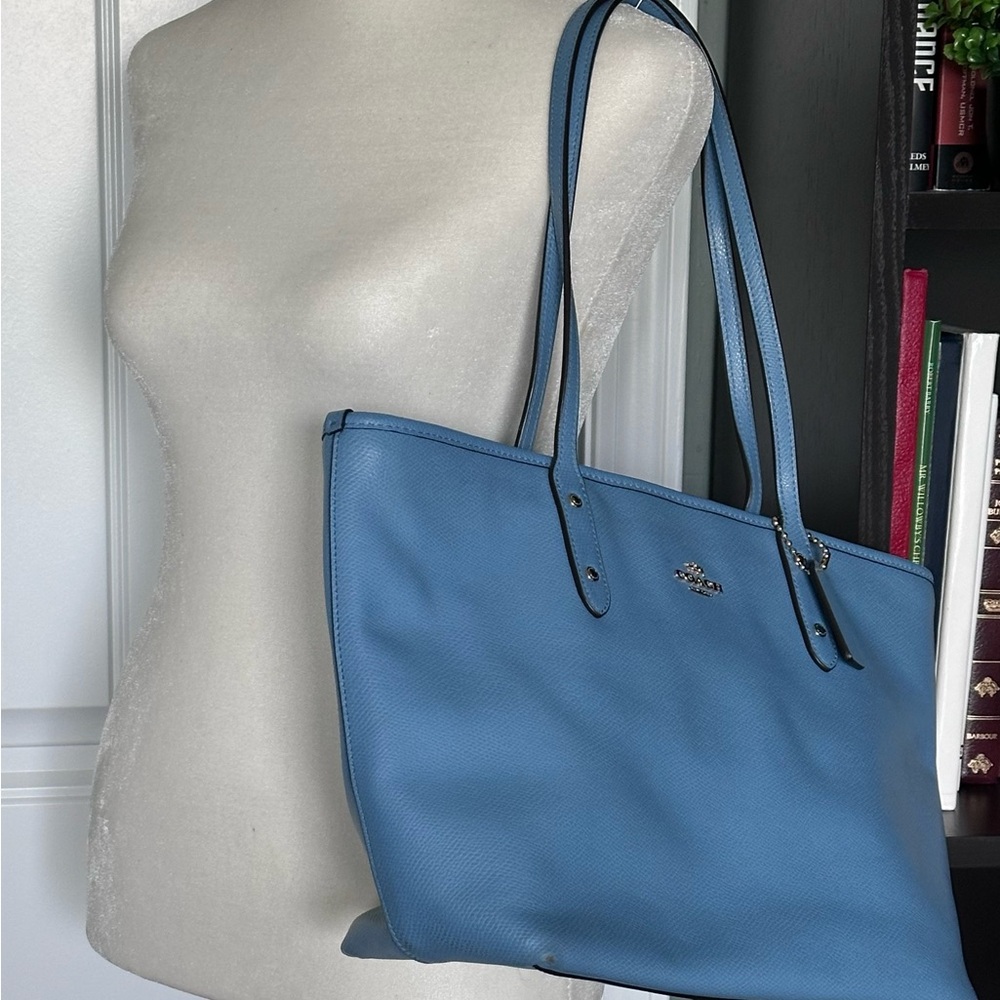 Coach Light Blue Leather Tote with Signature Tag - Picture 8 of 8